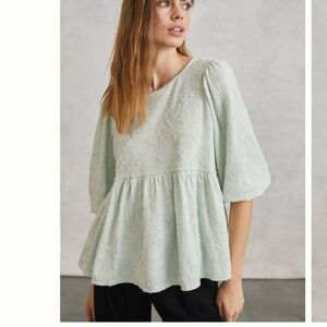 Anthropologie textured Amorina Babydoll Top Mint Green sz L large cute!